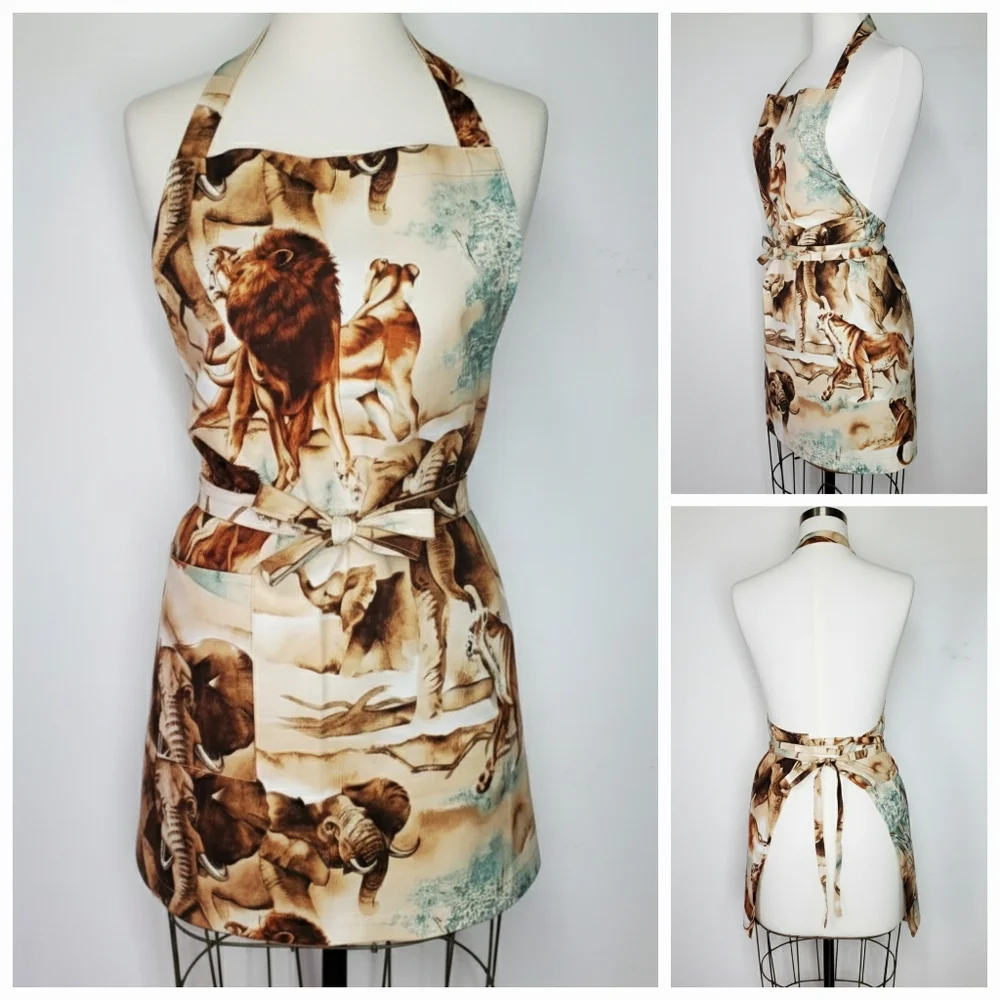 Apron Size S/M NEW Animal Print Elephant Lion Long Ties Handmade Africa Savannah
